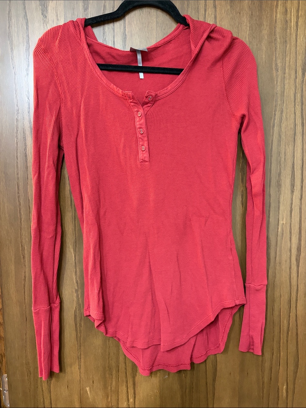 bobi Red Henley Hoodie Waffle Long Sleeve Top